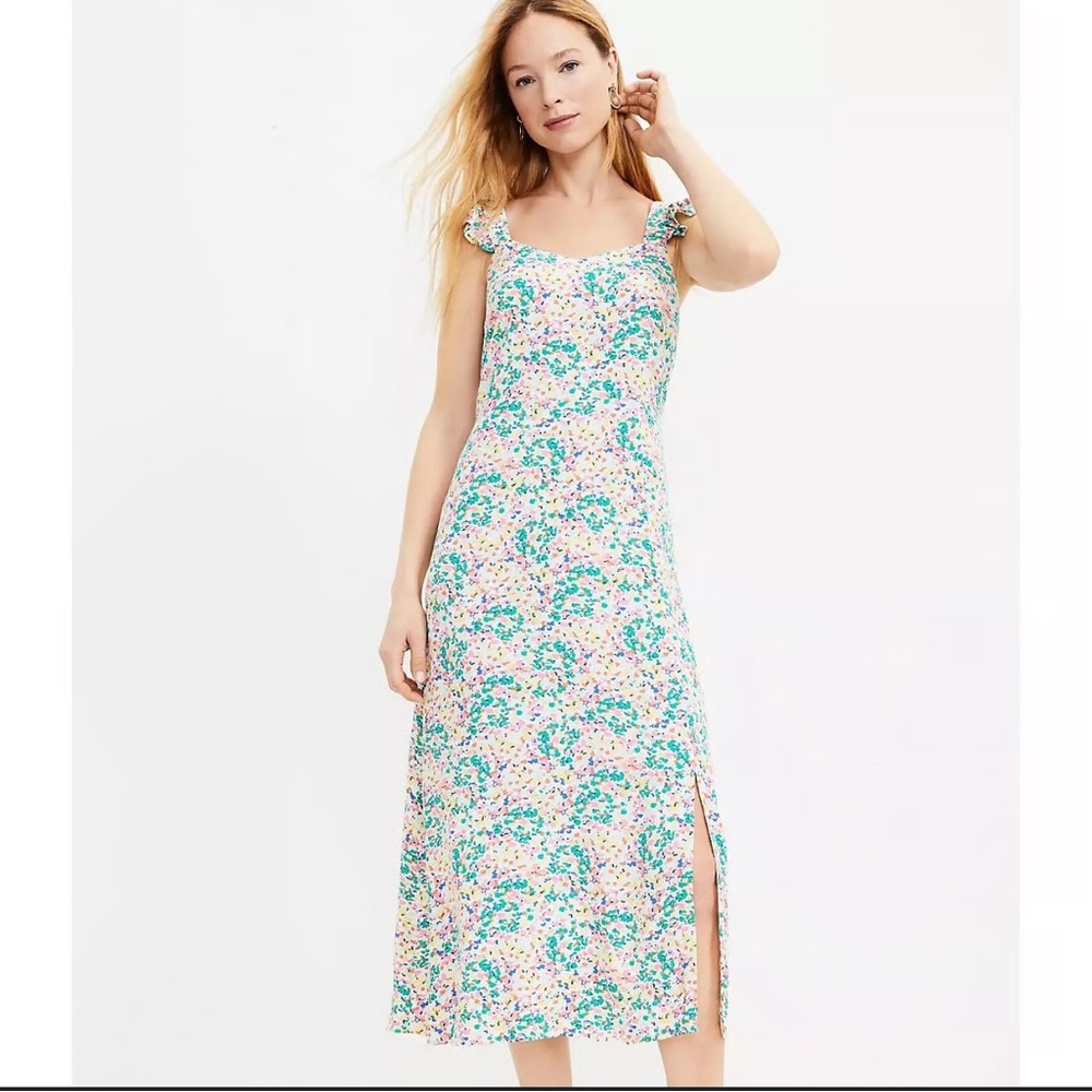 LOFT Floral Ruffle Strap Midi Dress Size 8